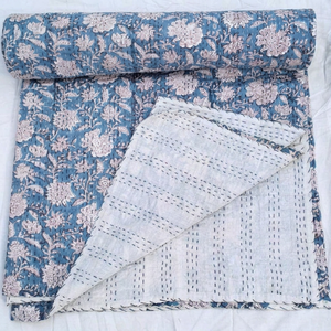 Indigo Blue Cotton Kantha <b>Quilt</b> Twin Size 60x90 Inch Handmade <b>Bedspread</b>, Traditional Indian Patchwork Bedsheet - Product Image 1