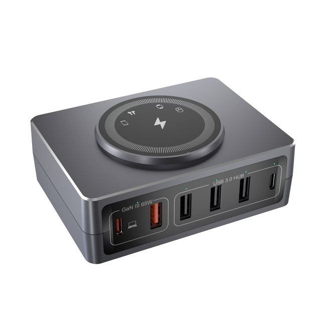65W GaN Multi-port Charger with 15W Wireless Charger & USB 3.0 Hub Fast Charging Station for Laptop Phone