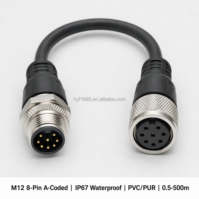 Industrial M12 Power Connector Cable Assembly Sensor Ethernet PROFIBUS IP67 Waterproof Code 8 Pin Gold-Plated Brass Contacts