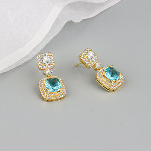 Spj Tùy Chỉnh Bán Buôn Màu Xanh Cubic Zircon Stud Bông Tai Phụ Nữ 18K Vàng Mạ 925 Sterling Bạc Trang Sức Vòng Drop Bông Tai - Product Image 4