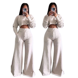 Ensemble de vêtements pour femmes, décontracté, couleur unie, haut court et pantalon long, ample, 2 pièces, tendance - Product Image 4