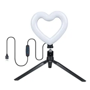 Nuove luci da 6 pollici con treppiede estensibile da 13 pollici luminosità temperatura del colore dimmerabile a forma di cuore a forma di amore selfie ring light