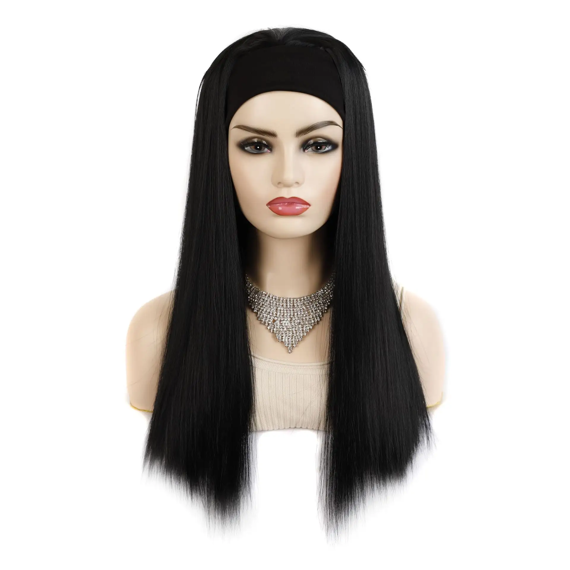 Long Straight Wig Half 3/4 Wig with Headband Black blonde Bug Synthetic Headband Wig Women
