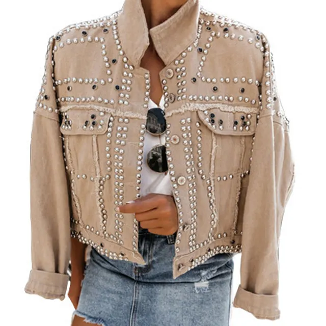 White Beaded Rivet Frayed Oversize Washed Jean Denim Jacket with Button Women Casual