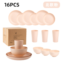 Vaisselle en plastique de qualité alimentaire 16 pièces ensemble de vaisselle en plastique multicolore avec paille de blé pour la cuisine