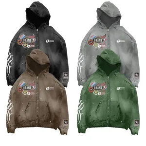 2024 personnalisé fermeture éclair jusqu'à 430 GSM Boxy Fit ourlet brut à capuche surdimensionné soleil délavé à capuche en détresse broderie acide lavage hommes sweats à capuche - Product Image 3