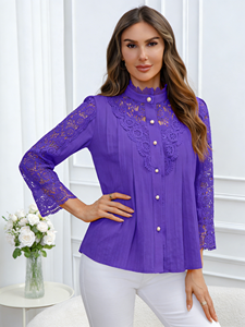 Blusa Joyinspring Primavera/Verano 2026, Talla Grande, Bordada, de Chifón Sólido, Casual, con Encaje, Cuello Redondo y Manga Larga - Product Image 4