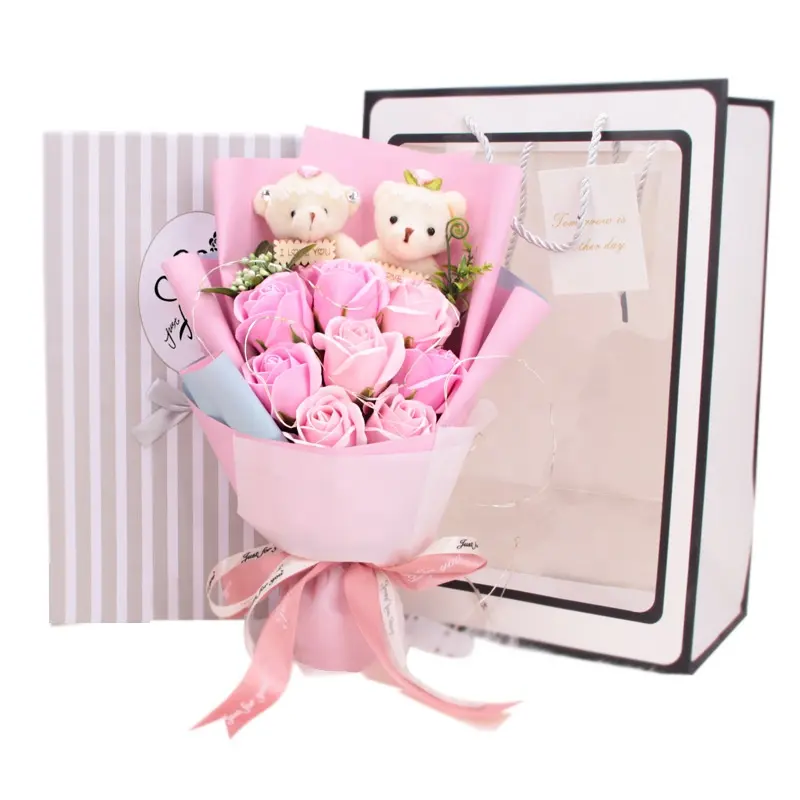 8 Blumen 2 Plüsch bären LED Großhandel dekorative künstliche Rose Seife Bouquet zum Geburtstag Valentinstag Muttertag Geschenke Licht