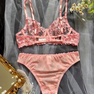Bayan Seksi Push up Sütyen Külot <span class=keywords><strong>2</strong></span> Parça Lingerie Pembe Çiçek Nakış İç Giyim Şeffaf Külot Kısa Düşük bel Kitleri Tatlı - Product Image 4