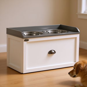 White Steel Pet Dish <b>Bowl</b> <b>Set</b> With Storage Drawer Raised Feeder For <b>Dogs</b> Cats Indoor Use - Product Image 2