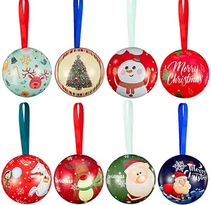 8 Pcs Christmas Tinplate Candy Ball Box- Cute and Creative Christmas Tree Hanging Ornament christmas tin ball with ribbon