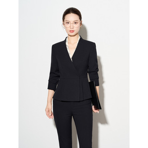 Women's Navy Blue V-Neck Suit Set Elegant Blazer Pants Anti-Wrinkle Worsted Commute Style - Product Image 2