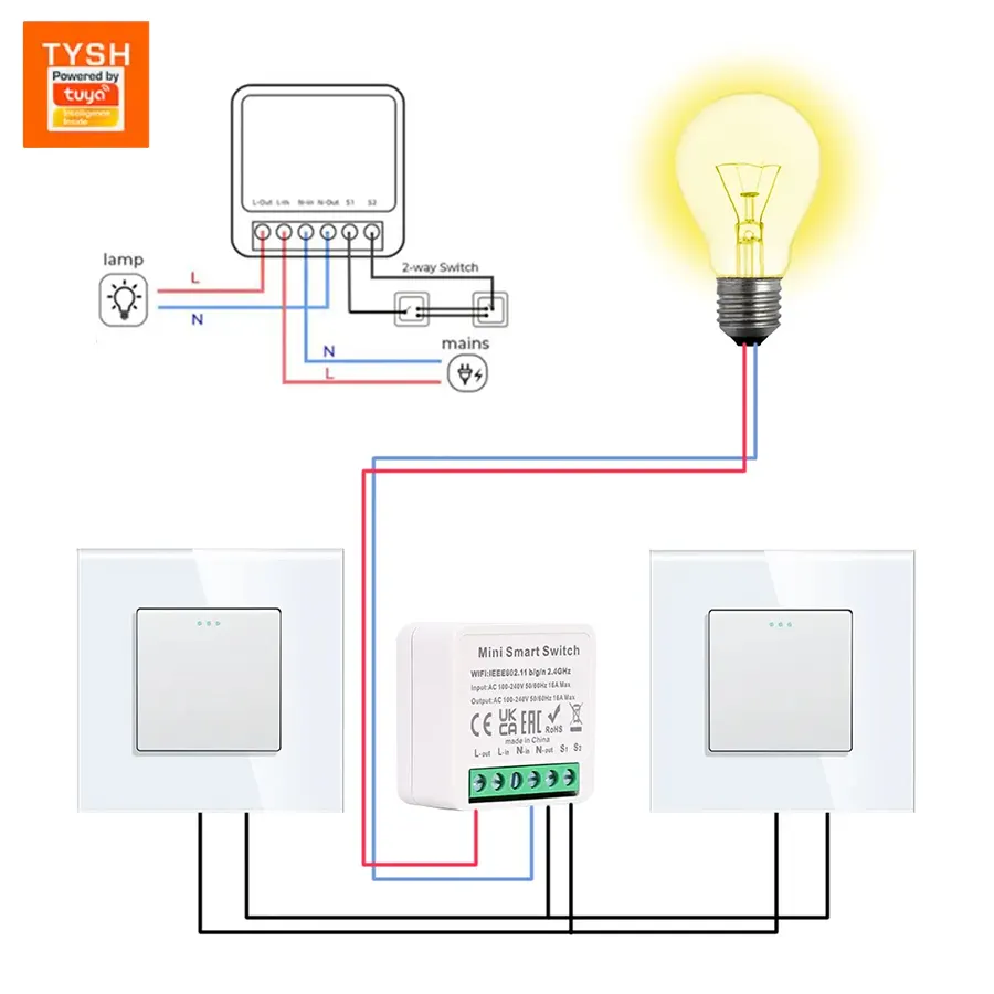 TYSH-Mini Módulo de interruptor de luz inteligente Tuya, control remoto inalámbrico de 2 vías, Wifi, Diy, para el hogar inteligente