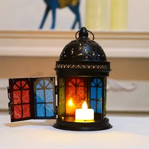 Black Moon und Star Ramadan Lampe Eid Mubarak Custom Metall Wind lampe Laterne mit Kerze