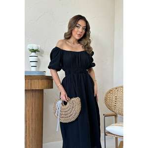 Vestido de Lino Muselina Negro al por Mayor, Elegante con Cuello Fruncido, Ropa Casual Personalizada para el Día a Día, Tallas XS-6XL, Manga Abullonada, Largo hasta la Rodilla, Formal - Product Image 3