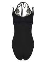 Bodysuit Wanita Hitam dengan Renda, Kerah Halter, Leher V Dalam, Tanpa Lengan, Model Ketat, Atasan Satu Potong untuk Pakaian Malam Hari, Klub, dan Fashion