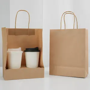 Ready Bulk 100% Biodegradable Coffee Restaurant Takeaway Packaging Kraft Brown Paper Bag With Handle