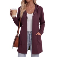 Veste longue à capuche zippée pour femme, décontractée, à manches longues, avec cordon de serrage et poches latérales pour un usage quotidien