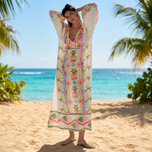 Vestido Maxi Boho Bordado Ecológico y Transpirable para Mujer, Vestido de Verano con Mangas Abullonadas, Estampado Tropical, Corte Holgado, Casual de Playa, Cuello en V - Product Image 3