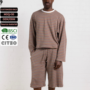 Ensemble de sweat-shirts à col rond rayés en tricot pour homme, vêtements décontractés d'été, OEM ODM personnalisés - Product Image 1