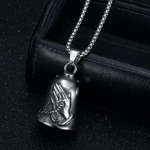 Tibetan Silver Bell Pendant <b>With</b> Prayer Hands <b>Cross</b> Design Unisex Necklace For Motorcycle Riding Lucky Exorcism Charm - Product Image 2