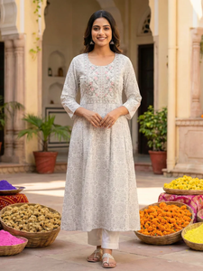 Pastel Grey Cotton Anarkali <b>Kurta</b> Set Dupatta for <b>Women</b> Quick Dry Wrinkle Free Ethnic Wear Floral Pattern Skin-Friendly - Product Image 2