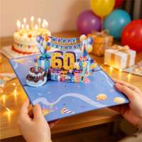 Carte de vœux 3D pop-up Winpsheng pour 60e anniversaire, découpée au laser, papier 300g, motif ballon et gâteau, personnalisable, vente en gros, fournisseur certifié FSC