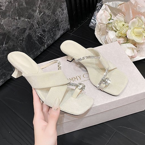 Sandalias de Tacón Alto con Pedrería Estilo Francés 6W588, Nuevo Estilo Elegante de Alta Gama, Tira Delgada, Punta Cuadrada, Sandalias Abiertas - Product Image 5