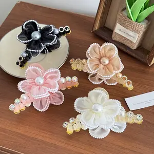 Grampos de cabelo grandes de 13 cm para mulheres, garras de cabelo de plástico de cristal personalizadas com desenho de flores e rendas de fadas, grampos de pérola para tubarão