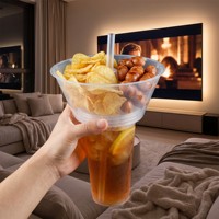 Gobelet en plastique transparent avec plateau à collation intégré 2-en-1, idéal pour les plats chauds, très populaire sur les réseaux sociaux pour la vente de nourriture de rue et de boissons