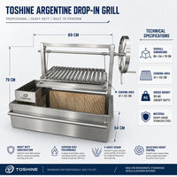 Barbecue à charbon de bois argentin intégré en acier inoxydable 304, hauteur réglable, revêtement en briques réfractaires, cuisine extérieure