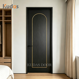 Porte en bois moderne de luxe noire avec intérieur arqué, rainuré et incrustations dorées, insonorisée pour chambre à coucher et maison - Product Image 1