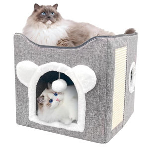 Cama tipo cueva para gatos esponjosa y gris, moderna bola de lino, plegable colgante, escondite para gatos, tienda para perros pequeños, diseño sólido, Cama Cueva Para Gatos - Product Image 1