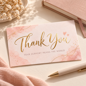 Biglietto di ringraziamento in lamina d'oro con inserto per pacchetto, biglietto di ringraziamento rosa tenue con texture acquerello, biglietto personalizzato per apprezzamento ordini aziendali - Product Image 3