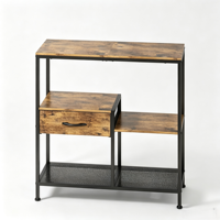 Table console industrielle à 3 niveaux avec tiroir en tissu, table d'entrée étroite, table d'appoint de canapé, structure métallique, étagère en bois grainé pour couloir