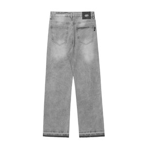 Jeans de Mezclilla Estilo Americano, Lavados, Color Gris Claro Vintage, Unisex, con Dobladillo Deshilachado, Corte Recto, Pantalones Largos - Product Image 3
