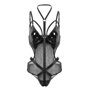 Women Halter Sexy Leather Lingerie Bodysuits Mesh Leotard Clubwear <strong>Latex</strong> Costume - Product Image 6