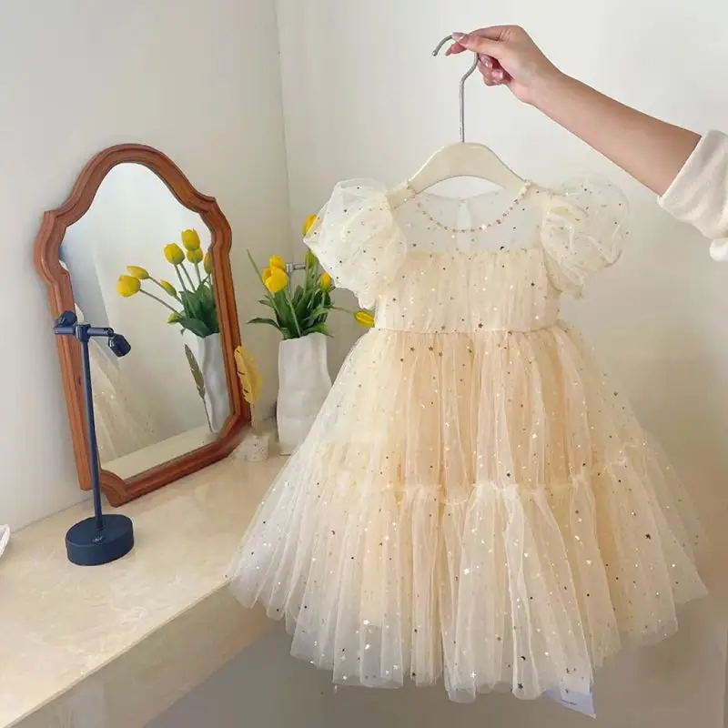 Vestido de princesa para niñas de tul de manga corta con lentejuelas para niños, vestido de fiesta de champán para niñas