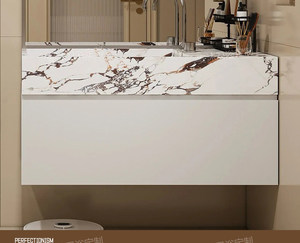 Meuble-lavabo mural moderne avec miroir sans cadre, vasque en céramique, design minimaliste, portes à fermeture douce - Product Image 6