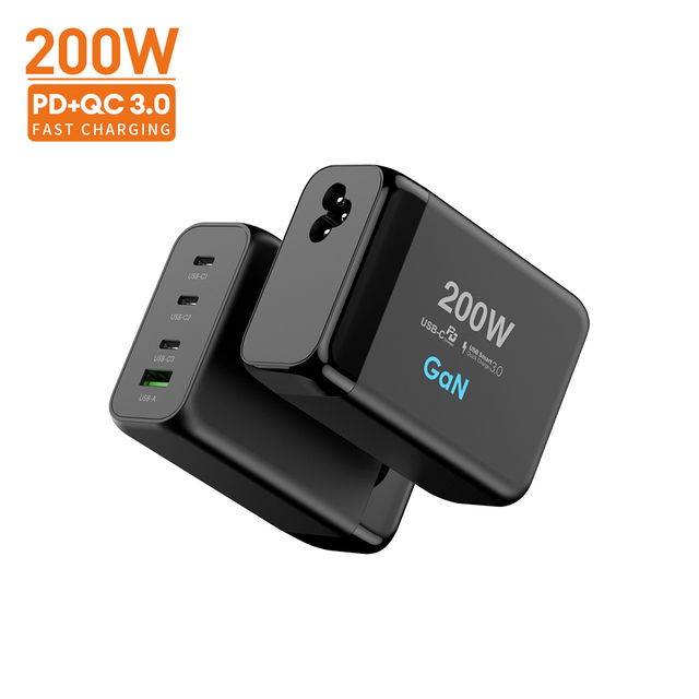 USB C 200W PD 100W Fast Charging GaN Charger Smart Multit Port Laptop Notebook Charger with 30W Output EU AU US UK Compatible