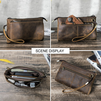 Sac Organisateur de Câbles en Cuir Crazy Horse Vintage, Pochette Technique Portable à Double Fermeture Éclair avec Dragonne Amovible pour les Voyages Quotidiens