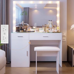 Nouvelle conception de coiffeuse en <span class=keywords><strong>bois</strong></span> avec plateau en verre, ensemble de tables de maquillage blanches, coiffeuse avec miroir à lumière LED - Product Image 1