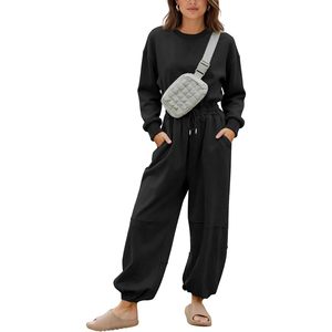 Combinaison décontractée pour femmes, manches longues, col rond, jambes larges, taille à cordon de serrage avec poches, tenue toutes saisons - Product Image 1