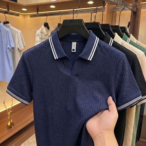 Polo en tricot gaufré pour <span class=keywords><strong>homme</strong></span>, col en V, bordure contrastée, haut décontracté pour le golf - Product Image 3