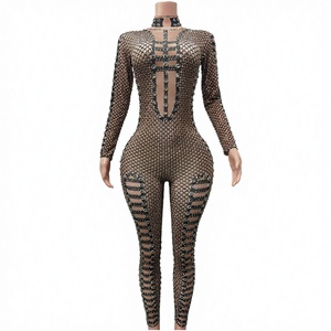 Combinaisons moulantes sexy à imprimé rayé et strass pour femmes, tenue respirante de printemps, tenue de soirée, body pour la scène, danseuse - Product Image 4