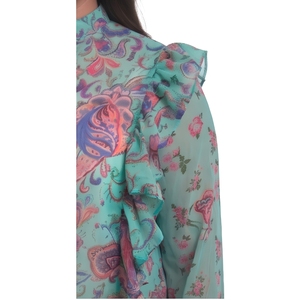 Women's Bohemian Chiffon Blouse With Ruffles Mandarin Collar Full Sleeve Paisley Print Loose Fit Spring Summer <b>Top</b> - Product Image 3