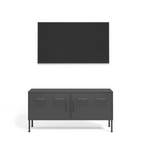 Mueble de TV Rectangular de Acero Gris con Niveladores Medianos, Soporte de Piso, Estilo Industrial Moderno para Sala de Estar - Product Image 1