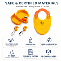 Jaune canard Silicone bébé alimentation ensemble cuillère fourchette bavoir paille tasse de qualité alimentaire sans BPA ventouse plaque enfant en bas âge enfants sevrage vaisselle
