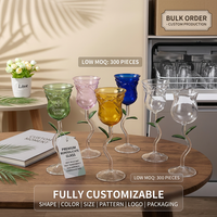 Ensemble de verres à vin en forme de rose colorée, fabricant, vente en gros, OEM, vert, bleu, rose, ambre, transparent, pétales, tige, feuille, gobelet en borosilicate