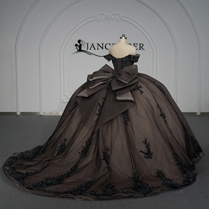 Robe de bal de Quinceañera de luxe en mousseline noire avec appliques de dentelle perlée, coupe naturelle, décolleté cœur, couleur champagne, sur commande - Product Image 4